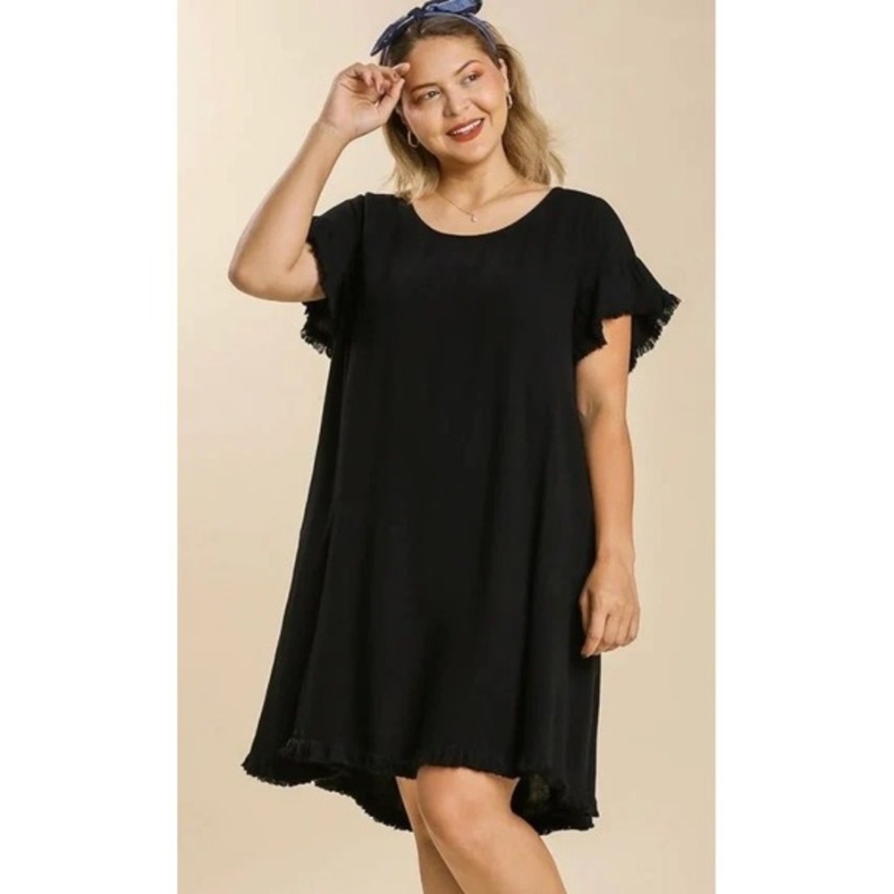 Umgee Women Large Black Fringe Hem Tunic Midi Dress Minimalist Casual Indie Boho